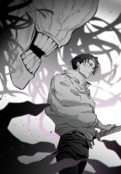  1other black_hair black_pants buttons closed_mouth commentary_request curse cursed_spirit_(jujutsu_kaisen) fingernails from_side high_collar highres holding holding_sword holding_weapon jacket jujutsu_kaisen katana long_sleeves no_eyes okkotsu_yuta open_mouth orimoto_rika pants sakai_cd sash shikigami short_hair sword teeth violet_eyes weapon white_jacket 