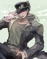  1boy adjusting_clothes adjusting_headwear belt black_coat black_hair black_pants cigarette coat collar_chain_(jewelry) earrings flonflonflon green_background grey_shirt hat_over_one_eye highres jewelry jojo_no_kimyou_na_bouken kujo_jotaro long_coat male_focus multiple_belts pants print_belt shirt short_hair smoke smoking solo stud_earrings triangle_print twitter_username upper_body 