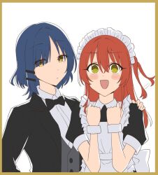  apron black_dress black_suit blush bocchi_the_rock! butler closed_mouth dress grey_vest hair_wagging hand_on_another's_shoulder higgh_collar kanaria_hisagi kita_ikuyo lapels long_sleeves looking_at_viewer maid maid_apron maid_headdress mole mole_under_eye open_mouuth puffy_short_sleeves puffy_sleeves red_hair shirt short_sleeves simple_background suit upper_body vest white_background white_shirt yamada_ryo yellow_eyes 