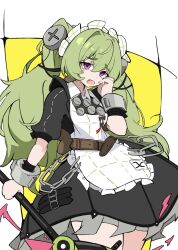  1girl apron azuki_pii black_dress border commentary_request corin_wickes cowboy_shot dress green_background green_hair hair_between_eyes highres holding holding_weapon long_hair looking_at_viewer maid maid_apron maid_headdress metal_wrist_cuffs open_mouth screw_hair_ornament solo twintails violet_eyes weapon white_apron white_border zenless_zone_zero 