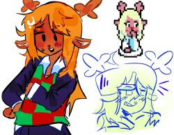  1girl absurdres alternate_costume antlers blonde_hair blush bookpinyuri brown_fur checkered_sweater_vest commentary deer_girl deltarune english_commentary furry furry_female highres horns noelle_holiday reference_inset reindeer_antlers reindeer_girl sketch undershirt utdr_(toby_fox) 