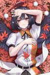  1girl autumn_leaves belt bird_wings black_belt black_hair black_ribbon black_skirt black_wings breasts buttons collared_shirt commentary_request feathered_wings harumomiji hat highres leaf_print lying medium_breasts neck_ribbon on_back parted_lips pointy_ears pom_pom_(clothes) puffy_short_sleeves puffy_sleeves red_headwear ribbon shameimaru_aya shirt short_hair short_sleeves skirt solo tokin_hat touhou translation_request unworn_hat unworn_headwear white_shirt wings 
