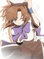  10_10_wafu 1girl blue_eyes blue_wrist_cuffs bow breasts dress hat highres higurashi_no_naku_koro_ni medium_breasts medium_hair one_eye_closed orange_hair puffy_short_sleeves puffy_sleeves purple_bow ryuuguu_rena short_sleeves smile solo teeth white_background white_dress white_hat wrist_cuffs 