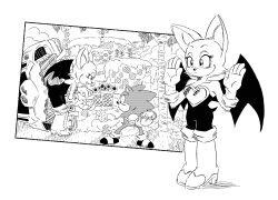  1boy 1girl animal_ears animal_nose ashofourtime boots breasts chaos_emerald dragon_ball dragon_ball_(classic) furry furry_female furry_male gem gloves green_hill_zone greyscale highres holding monochrome open_mouth parody rouge_the_bat shoes smile sonic_(series) sonic_the_hedgehog style_parody tail talking toriyama_akira_(style) white_gloves 