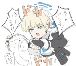  1boy 1girl apron black_dress black_gloves blonde_hair blue_archive blue_eyes bun_cover chibi doodle_sensei_(blue_archive) dress fingerless_gloves gloves hair_bun halo headset juliet_sleeves long_sleeves lowres maid maid_headdress nyaru_(nyaru_4126) open_mouth puffy_sleeves sensei_(blue_archive) simple_background toki_(blue_archive) translation_request v-shaped_eyebrows white_apron white_background 
