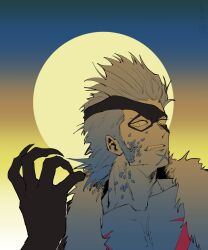  1boy alternate_form chest_tattoo circle claws clenched_teeth commentary eye_mask fur-trimmed_jacket fur_trim highres jacket looking_at_viewer male_focus mask one_piece scar scar_on_chin scar_on_face shiraumi8351 sideburns solo tattoo teeth transformation x_drake yellow_eyes 