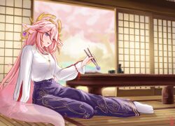  1girl alcohol animal_ears cherry_blossoms floppy_ears food fox_ears fox_tail genshin_impact highres jewelry long_hair mihoyo mochi nontraditional_miko pink_hair sake seiyunii tabi tail violet_eyes wide_sleeves yae_miko 