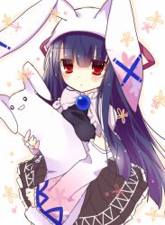  1girl animal-shaped_pillow black_dress black_hair black_skirt capelet commentary_request detached_sleeves dress emil_chronicle_online gradient_sleeves hair_ribbon hat highres holding holding_pillow hoshi_(snacherubi) long_hair mitama_mikoto pillow pink_sleeves pleated_skirt rabbit_ear_headwear red_eyes red_ribbon ribbon skirt solo white_capelet white_hat white_sleeves 