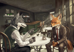  2boys angelo_(back_to_the_dawn) animal_ears back_to_the_dawn black_pants black_suit cafe claws closed_mouth coffee coffee_mug commentary_request cup fox_boy fox_ears fox_tail furry furry_male green_vest grey_fur highres holding holding_cup looking_at_another male_focus mug multiple_boys necktie open_mouth orange_fur pants pointing pointing_at_another red_necktie shirt simon_yohn sitting smile suit tail thomas_(back_to_the_dawn) vest white_shirt wolf_boy wolf_ears wolf_tail 