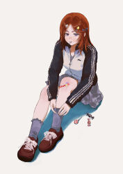  1girl absurdres brown_shoes candy english_text food food_in_mouth freckles frilled_socks frills full_body hair_ornament heart heart_hair_ornament highres jacket lollipop lollipop_in_mouth miniskirt on_ground original purple_socks red_hair shoes short_hair simple_background skirt socks solo track_jacket track_suit violet_eyes wrapped_candy yos_(72112764) 