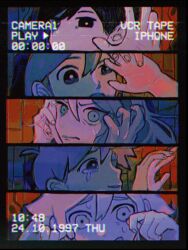  1girl 4boys absurdres aubrey_(faraway)_(omori) aubrey_(omori) basil_(faraway)_(omori) basil_(omori) black_eyes black_hair brown_hair crying crying_with_eyes_open hair_behind_ear hero_(faraway)_(omori) hero_(omori) highres kel_(faraway)_(omori) kel_(omori) limited_palette long_hair looking_at_viewer male_focus milkymilkyshark multiple_boys omori open_mouth parted_lips short_hair sunny_(omori) tears 