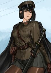  1girl black_coat black_eyes black_skirt blunt_bangs bob_cut brown_gloves brown_hair center-flap_bangs closed_mouth coat coat_on_shoulders commentary_request gloves gun guntou handgun hat highres holster imperial_japanese_army katana leather leather_gloves military military_hat military_uniform nambu_type_94 original outdoors peaked_cap short_hair skirt solo sword thigh-highs tyokugekidato upper_body weapon 