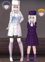  2girls alternate_legwear ankle_boots black_thighhighs body_switch boots coat dress fate_(series) frilled_skirt frills fur_hat genderswap hat highres illyasviel_von_einzbern irisviel_von_einzbern long_hair mother_and_child mother_and_daughter multiple_girls nuppunuppu papakha parent_and_child personality_switch purple_boots purple_dress red_eyes sex_toy skirt thigh-highs thigh_boots white_boots white_hair white_hat 