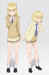  2girls absurdres black_shoes blazer blonde_hair blunt_bangs bob_cut breasts brown_eyes brown_sweater collared_shirt commentary_request grey_background hand_on_own_chin hand_to_own_mouth hand_up highres ichikawa_masahiro jacket loafers long_hair long_sleeves looking_at_another looking_to_the_side miyazaki_(watamote) multiple_girls necktie open_clothes open_jacket paid_reward_available parted_lips pleated_skirt ponytail purple_necktie school_uniform shirt shirt_tucked_in shoes short_hair sidelocks simple_background skirt socks solid_oval_eyes standing stroking_own_chin sweater uchi_emiri watashi_ga_motenai_no_wa_dou_kangaetemo_omaera_ga_warui! white_shirt white_socks yellow_jacket yellow_skirt 