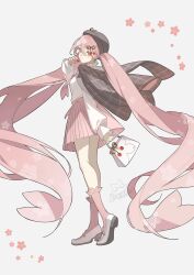  1girl :t bag blush bowler_hat cherry cherry_blossoms cherry_hair_ornament commentary_request eating floating_clothes floating_hair food food-themed_hair_ornament frilled_socks frills fruit full_body grey_background grey_hat grey_jacket hair_ornament half-skirt handbag hat hatsune_miku heel_up highres holding holding_bag holding_food holding_fruit jacket jacket_on_shoulders loafers long_hair long_sleeves looking_at_viewer patterned_hair pink_eyes pink_hair pink_skirt pink_socks plaid_clothes plaid_jacket pleated_skirt puffy_sleeves sakura_miku sakura_miku_(rella) shirt shoes simple_background skirt sleeves_past_wrists socks solo standing twintails very_long_hair vocaloid watermark white_bag white_shirt white_shoes yukihira_makoto 