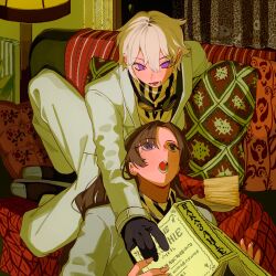  1boy 1girl black_gloves blanket blue_eyes book brown_hair commentary crime_and_punishment cyrillic gloves goggles goggles_on_head highres holding holding_book indoors jacket limbus_company long_hair open_mouth parted_bangs pillow project_moon quilt rodion_(project_moon) sonya_(project_moon) very_long_hair violet_eyes white_hair white_jacket yongsadragon 