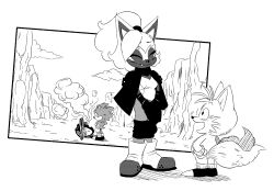  1girl 2boys animal_ears animal_nose ashofourtime boots breasts cliff closed_eyes dragon_ball dragon_ball_(classic) fox_boy fox_ears fox_tail full_body furry furry_female furry_male gloves highres multiple_boys multiple_tails open_mouth parody ponytail robot rock shoes smile smoke sonic_(series) sonic_the_hedgehog sonic_the_hedgehog_(idw) standing style_parody tail tails_(sonic) toriyama_akira_(style) two_tails whisper_the_wolf white_gloves wolf_ears wolf_girl 