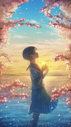  1girl black_hair blue_sailor_collar blue_skirt blue_sky cherry_blossoms closed_eyes clouds commentary_request flower highres horizon landscape neckerchief ocean orange_sky original pasoputi pleated_skirt red_neckerchief sailor_collar scenery school_uniform short_hair short_sleeves skirt sky socks standing sunset white_socks 