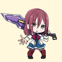  1girl assault_lily black_shirt black_shoes blue_skirt bow bowtie chibi commentary_request full_body green_eyes gumoyu hair_between_eyes hands_up hatsukano_yo herensuge_girls_academy_school_uniform high-waist_skirt holding holding_sword holding_weapon jacket jewelry long_bangs long_hair long_sleeves looking_at_viewer medium_hair miniskirt outstretched_arm over_shoulder parted_lips pleated_skirt red_bow red_bowtie red_hair red_thighhighs ring school_uniform shirt shoes simple_background skirt solo standing sword sword_over_shoulder thigh-highs very_long_hair weapon weapon_over_shoulder white_jacket yellow_background 
