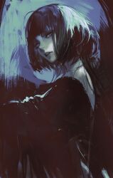  1girl blunt_bangs bob_cut chinese_commentary commentary_request cowboy_shot drive_shot half-closed_eyes head_tilt highres jane_doe_(zenless_zone_zero) limited_palette looking_at_viewer looking_back parted_lips short_hair solo zenless_zone_zero 