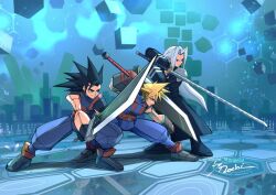  3boys armor black_boots black_coat black_hair blonde_hair blue_eyes blue_pants blue_shirt boots buster_sword cloud_strife coat fighting_stance final_fantasy final_fantasy_vii final_fantasy_vii:_ever_crisis final_fantasy_vii_remake full_body furrowed_brow grey_hair hair_slicked_back holding holding_sword holding_weapon long_coat long_hair low_poly male_focus masamune_(ff7) materia mochi_mangaka multiple_boys over_shoulder pants parted_bangs pauldrons sephiroth shirt short_hair shoulder_armor sideburns signature smile spiky_hair suspenders sword sword_over_shoulder twitter_username weapon weapon_over_shoulder zack_fair 