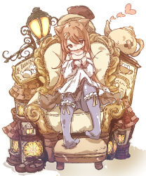  1girl animal_ears armchair brown_eyes brown_hair cat_ears chair chestnut_mouth chipie_0114 commentary dot_nose dress footrest heart highres lamppost legband mary_janes miniature original pantyhose shoes simple_background sitting skirt skirt_under_dress solo teapot unworn_shoes white_background 