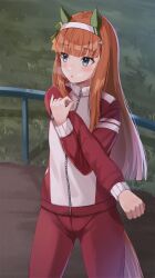  1girl absurdres animal_ears blue_eyes blunt_bangs blush breath commentary_request ear_covers green_eyes hair_ornament hairband haru_yu highres hime_cut horse_ears horse_girl horse_tail jacket long_hair long_sleeves orange_hair orange_tail outdoors pants parted_lips red_jacket red_pants red_track_suit silence_suzuka_(umamusume) solo stretching tail tracen_training_uniform track_jacket track_pants track_suit umamusume white_hairband 