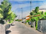  building bush car day fern flower highres house motor_vehicle no_humans original painting_(medium) plant red_flower road sakaue111 scenery shadow sunlight traditional_media tree utility_pole watercolor_(medium) 