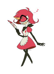  1girl :d absurdres antenna_hair apron arm_at_side bandana bandana_around_neck belt black_bandana black_belt blonde_hair blood blood_on_clothes blood_on_knife blood_stain breasts circle_facial_mark colored_inner_hair colored_sclera colored_skin colored_teeth commentary_request crossed_legs cyclops dress eyes_visible_through_hair facial_mark fewer_digits flat_color flipped_hair frilled_apron frills from_below full_body grin hand_up hazbin_hotel hellaverse highres holding holding_knife kitchen_knife knees_together_feet_apart knife looking_ahead maid_apron medium_dress menma_(enaic31) multicolored_hair musical_note niffty_(hazbin_hotel) no_nose one-eyed puffy_short_sleeves puffy_sleeves red_dress red_hair red_sclera sharp_teeth short_hair short_sleeves signature simple_background small_breasts smile solo standing swept_bangs teeth two-tone_hair white_apron white_background white_skin yellow_eyes yellow_teeth 