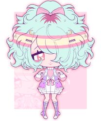  1girl absurdres aqua_hair blush boots bow chibi chibi_only commission crescent crescent_hair_ornament dreamalgia full_body hair_ornament hair_over_one_eye highres jacket multicolored_hair original pink_eyes ponytail roots_(hair) short_hair smile solo standing sweater tareme transgender_flag wavy_mouth 