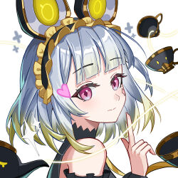  1girl animal_ears bare_shoulders blush border commentary_request cup detached_sleeves diamond_(shape) diamond_facial_mark duel_monster facial_mark frilled_hairband frills hairband heart highres looking_at_viewer maliss_<p>_dormouse mouse_ears mouse_girl pink_eyes portrait short_hair simple_background solo teacup white_background wy_(pixiv_121946076) yu-gi-oh! 