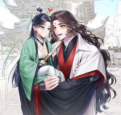  2boys :d age_regression aged_down bindi black_hair black_hanfu black_nails brown_hair carrying child child_carry chinese_clothes closed_mouth commentary_request curtained_hair folded_fan folding_fan forehead-to-forehead green_eyes green_hanfu green_ribbon half_updo hand_fan hanfu heads_together heart highres holding holding_fan korean_commentary layered_sleeves long_hair long_sleeves looking_at_another lower_teeth_only luo_binghe male_focus melan_melan multiple_boys open_mouth pagoda red_eyes red_trim renzha_fanpai_zijiu_xitong ribbon ribboned_xiao_guan shen_qingqiu sleeves_past_wrists smile sweatdrop teeth upper_body very_long_hair wavy_hair wide_sleeves wolf_cut zuiyin 