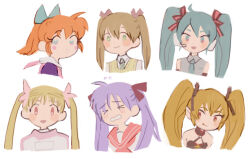  >_< 6+girls alien_nine artist_request blonde_hair blue_hair blush bow collar collared_shirt fang fushigi_mahou_fun_fun_pharmacy hair_bow hair_ornament hatsune_miku headset hiiragi_kagami looking_at_viewer lucky_star maka_albarn multiple_girls necktie orange_hair pachira pointy_ears popuri_(fushigi_mahou_fun_fun_pharmacy) purple_hair renkin_san-kyuu_magical_pokaan sailor_collar sailor_shirt shirt smile soul_eater sweater third-party_source tomine_kasumi twintails vocaloid white_background 