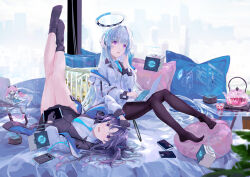  3girls aqua_necktie black_gloves black_jacket black_pantyhose black_socks black_suit blue_archive blue_eyes blue_hair blue_necktie book breasts collared_shirt commentary_request computer forest_0 full_body gloves hair_between_eyes hair_ornament half_gloves halo headgear headphones highres jacket koyuki_(blue_archive) laptop large_breasts light_blush long_hair long_sleeves looking_at_viewer mechanical_halo multiple_girls necktie noa_(blue_archive) one_eye_closed open_clothes open_jacket open_mouth pantyhose pillow pink_eyes pink_halo purple_hair school_uniform shirt sidelocks smile socks suit teapot thighs triangle_hair_ornament two-sided_fabric two-sided_jacket two_side_up very_long_hair violet_eyes white_hair white_halo white_jacket white_shirt white_suit yuuka_(blue_archive) 