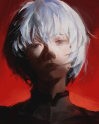  1girl art_study ayanami_rei blue_hair commentary english_commentary highres lips looking_at_viewer neon_genesis_evangelion nose pluvium_grandis red_background short_hair solo 