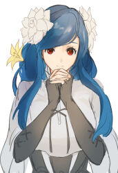  1girl black_gloves blue_hair closed_mouth dizzy_(guilty_gear) fingerless_gloves flower gloves guilty_gear guilty_gear_strive hair_flower hair_ornament highres long_hair long_sidelocks looking_at_viewer ni_zu own_hands_clasped own_hands_together queen_dizzy red_eyes sidelocks simple_background smile solo swept_bangs upper_body white_background white_flower yellow_flower 