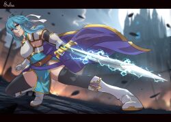  1girl ahoge armor armpits belt blue_hair blue_tunic boots breastplate breasts brooch castle character_name coat_of_arms commission commissioner_upload earrings elbow_gloves english_text fire_emblem fire_emblem:_genealogy_of_the_holy_war gloves glowing grin headband highres holding holding_sword holding_weapon ienosuke_(mr1058) jewelry looking_at_viewer medium_breasts original outdoors pelvic_curtain popped_collar sash selia_(mrtalkingdino) short_hair shoulder_armor sideboob sidelocks skeb_commission sleeveless smile solo squatting sword thick_thighs thigh-highs thighs tomboy tunic violet_eyes weapon white_headband 