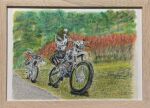  bush colored_pencil_(medium) forest helmet motor_vehicle motorcycle nakanaori31 nature no_humans original picture_frame realistic road still_life traditional_media tree 