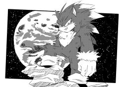  1boy animal_ears animal_nose ashofourtime dragon_ball dragon_ball_(classic) fang fangs full_moon furry furry_male greyscale highres monochrome moon night parody rock shoes sky smile sonic_(series) sonic_the_hedgehog sonic_the_werehog star_(sky) starry_sky style_parody tail teeth toriyama_akira_(style) 