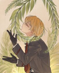  1boy aitib black_coat black_gloves blonde_hair closed_eyes coat collared_shirt gloves hair_between_eyes highres leaf limbus_company male_focus necktie project_moon red_necktie shirt short_hair sinclair_(project_moon) smelling white_shirt 