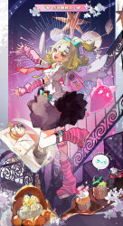  1girl absurdres arm_warmers bag black_skirt bow cake food full_body fur-trimmed_skirt fur_trim green_bow green_eyes green_hair highres leg_warmers looking_at_viewer multiple_hair_clips necktie open_mouth pink_arm_warmers pink_bag pink_leg_warmers pink_shoes ponytail red_necktie shirt shoes skirt smile solo standing standing_on_one_leg striped_arm_warmers striped_leg_warmers sunna_(zenless_zone_zero) white_shirt white_wings winged_bag wings zenless_zone_zero zhui_ming_jin_ge 