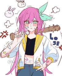  1girl :t anger_vein aubrey_(faraway)_(omori) aubrey_(omori) bandaid_on_stomach baseball_bat blue_eyes blue_hairband blue_nails blue_skirt closed_mouth commentary crop_top denim denim_skirt double-parted_bangs forest_bunny_(omori) hair_between_eyes hairband hand_on_own_hip highres holding holding_baseball_bat jacket long_hair looking_at_viewer mg_m_g_15 nail_(hardware) nail_bat omori open_clothes open_jacket pancake_bunny_(omori) pink_hair pout short-sleeved_jacket short_sleeves simple_background skirt solo tearing_up twitter_username untranslatable_commentary very_long_hair white_background white_jacket 