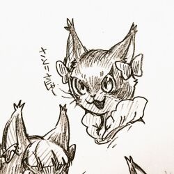  1girl :3 bow cat commentary_request dress furrification furry furry_female hair_bow kaenbyou_rin kaenbyou_rin_(cat) menotama multi-source_commentary multiple_views open_mouth portrait smile touhou traditional_media translation_request whiskers 