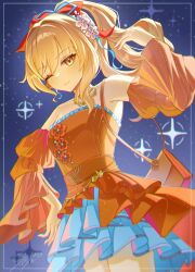  1girl bag bare_shoulders blonde_hair bow breasts butterfly_necklace clutch_purse commentary_request detached_sleeves dress earrings genshin_impact hair_between_eyes hair_bow hair_ornament hair_ribbon hand_up handbag highres jewelry long_hair looking_at_viewer morocha1130 necklace official_alternate_costume one_eye_closed orange_bag orange_dress orange_eyes orange_sleeves ribbon shoulder_bag smile solo star_(symbol) star_symbol_background strapless strapless_dress yoimiya_(genshin_impact) yoimiya_(resplendent_feast)_(genshin_impact) 