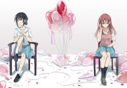  2girls ayatsumugi_roka balloon black_hair black_shoes black_socks blue_eyes blue_skirt brown_hair brown_shoes chair cho_kaguya-hime! commentary_request earrings green_eyes hair_bun heart_balloon highres jewelry leg_up long_hair multiple_girls open_mouth paper_airplane pink_sweater_vest sailor_collar sakayori_iroha school_uniform serafuku shirt shoes short_hair short_sleeves sidelocks single_hair_bun sitting skirt socks string string_of_fate sweater_vest white_sailor_collar white_shirt white_socks yuko_(user_uuju2584) 