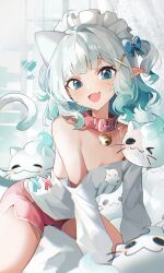 1girl :d ahoge animal_collar backless_shirt bare_shoulders blush bow cat_tail collar commentary densetsu.exe fang gradient_hair green_eyes green_hair hair_bow hair_ornament highres indoors long_sleeves looking_at_viewer maid_headdress mint_fantome mint_fantome_(otaku) multicolored_hair off_shoulder pink_collar pink_shorts pointy_ears riffamo shirt shorts skin_fang smile solo tail triangular_headpiece twitter_username virtual_youtuber white_hair white_shirt wisps_(mint_fantome) x_hair_ornament 