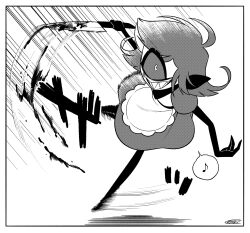  1girl :d ahoge apron bandana bandana_around_neck belt blood blood_on_knife border circle_facial_mark commentary_request cyclops dress facial_mark fewer_digits flipped_hair frilled_apron frills from_above full_body greyscale grin halftone hatching_(texture) hazbin_hotel hellaverse highres holding holding_knife kitchen_knife knife looking_at_viewer maid_apron medium_dress menma_(enaic31) monochrome motion_lines musical_note niffty_(hazbin_hotel) no_nose one-eyed outstretched_arm puffy_short_sleeves puffy_sleeves shadow sharp_teeth short_hair short_sleeves signature simple_background smile solo spoken_musical_note standing standing_on_one_leg swept_bangs teeth translation_request white_background white_border 
