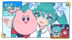  1girl bandana bandana_waddle_dee blue_bandana blue_eyes blue_hair car-mouth_cake colored_skin crystal_hair_ornament elfilin hatsune_miku highres kirby kirby_(series) kirby_and_the_forgotten_land notched_ear oyoyo_(sorucabcdq72160) photo_stand-in pink_skin smile star-crossed_world star_(symbol) vocaloid youtube_video_thumbnail 