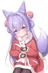  1girl :3 absurdres ahoge animal black_mittens black_pantyhose blue_eyes blush cat character_print closed_mouth cone_hair_bun double_bun fox_tail fur-trimmed_jacket fur_trim hair_bun hair_ornament hair_rings heterochromia highres holding holding_animal holding_cat inari_(tenko_shibuki) jacket long_hair long_sleeves mittens nams2 pantyhose pom_pom_(clothes) pom_pom_hair_ornament purple_hair red_jacket simple_background sitting solo stellive tail tenko_shibuki virtual_youtuber white_background white_cat yellow_eyes 