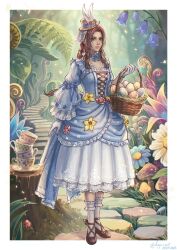  1girl aerith_gainsborough animal_ears artist_name basket blue_dress border bow bowtie braid braided_ponytail breasts brown_hair center_cross_lace commentary cup dated dress easter_egg egg english_commentary final_fantasy final_fantasy_vii final_fantasy_vii:_ever_crisis flower footwear_bow frills full_body gloves green_eyes hair_flower hair_ornament hat highres holding holding_basket kay-i layered_skirt layered_sleeves leaf long_hair looking_at_viewer magic mary_janes medium_dress outdoors path pink_lips rabbit_ears shoes skirt small_breasts socks standing teacup white_border white_socks 